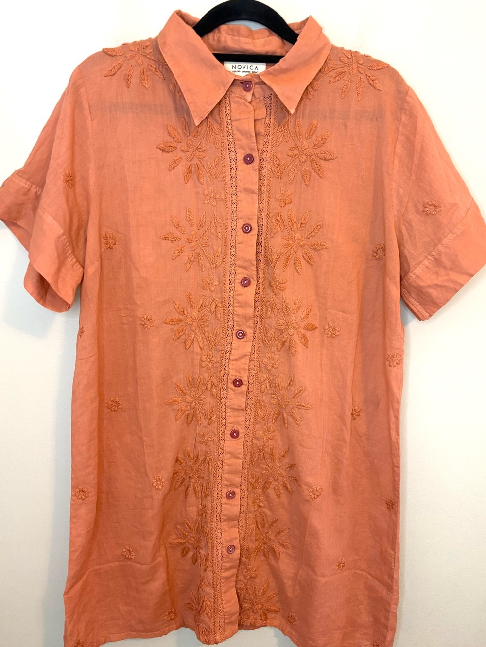 Novica Embroidered Cotton Tunic Blouse Small Coral Pink Oversized